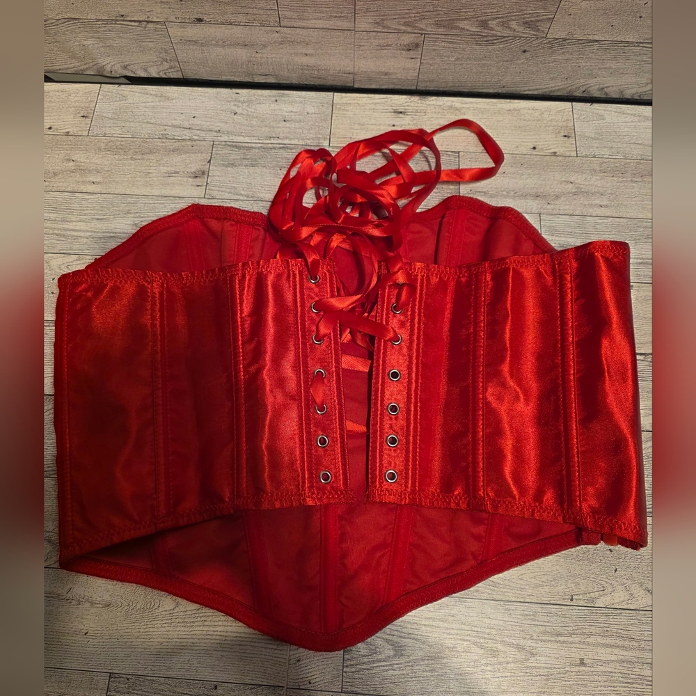 Red Satin Lace-Up Waist Cincher Corset - Women Intimates